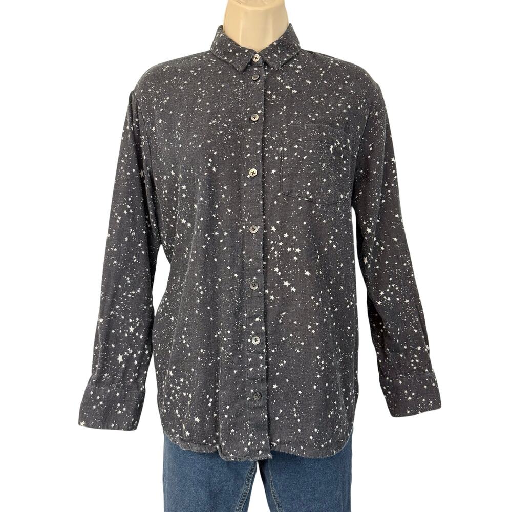 Madewell Black White Stars Print Button Front Collared Blouse Long Sleeve